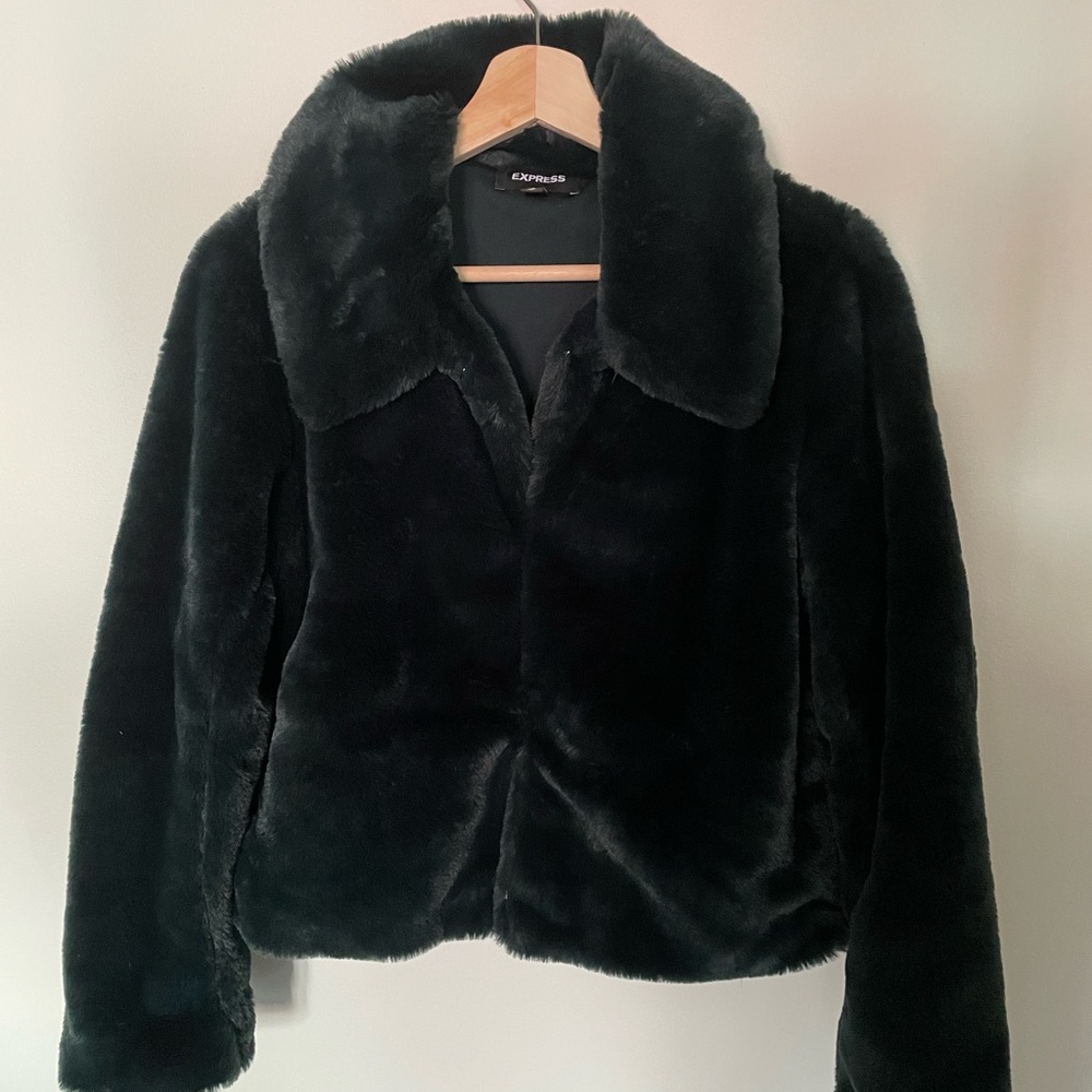 EXPRESS dark green faux fur jacket, size XS, excellent condition!